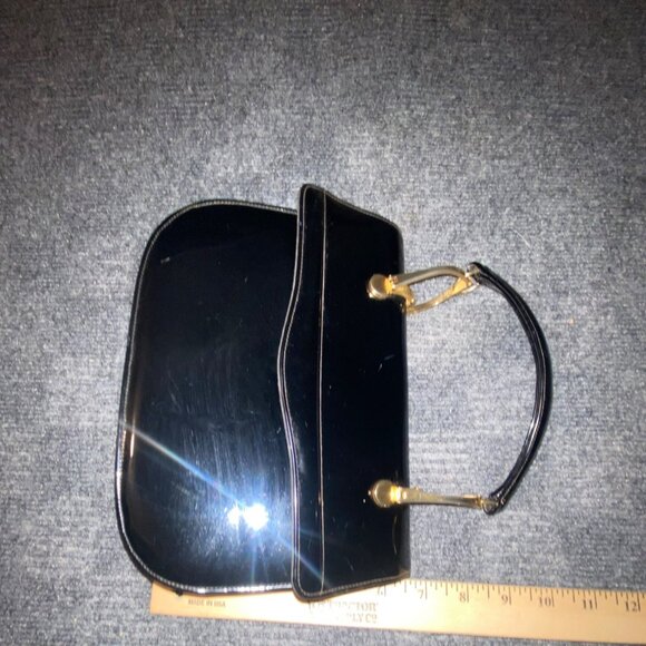 Vintage Black Patent Leather Handbag  Gold Tone Handle Hardware Classic USA - Picture 6 of 16